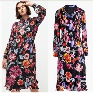 J.crew Tie-Neck Midi Dress Long Sleeve Midnight Dutch Floral Fit & Flare Size 2P